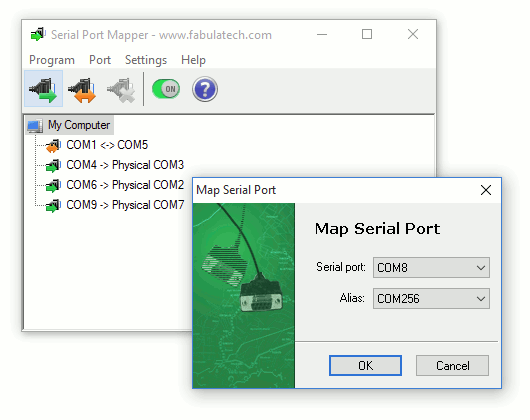 Program allows you to map any serial ports to any other serial ports.